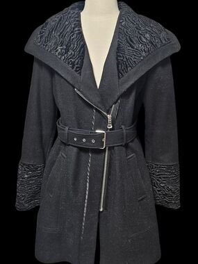 Guess Black Wool Belted Trench Coat with Velvety Textured Trim